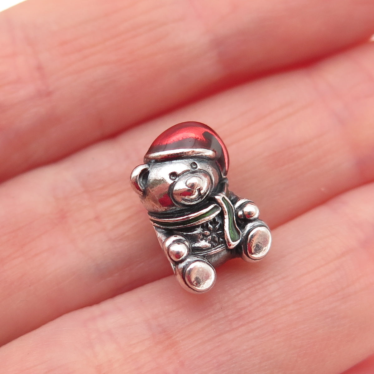 PANDORA 925 Sterling Silver Enamel Christmas Bear Slide Bead Charm