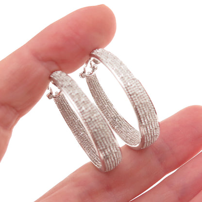 925 Sterling Silver Real Round-Cut Diamond In & Out Hoop Earrings