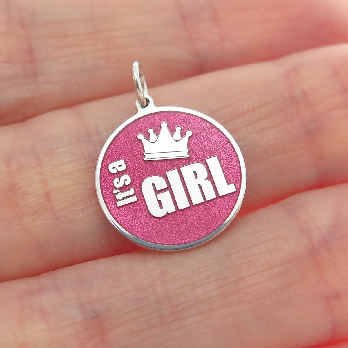 925 Sterling Silver Purple Pink Enamel It's A Girl Crown Minimalist Pendant