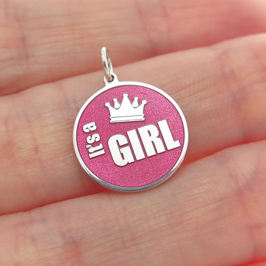 925 Sterling Silver Purple Pink Enamel It's A Girl Crown Minimalist Pendant