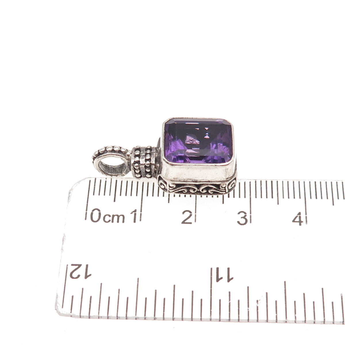 925 Sterling Silver Vintage Real Emerald-Cut Amethyst Beaded Charm Pendant
