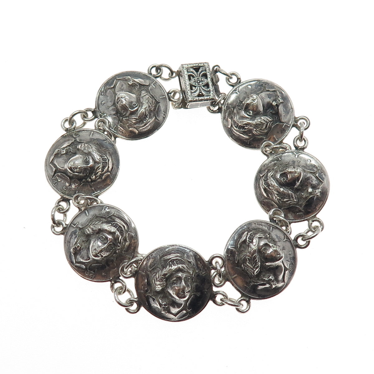 925 & 900 Silver Antique 1916-1945 One Mercury Dime Repousse Coin Bracelet 7.25"