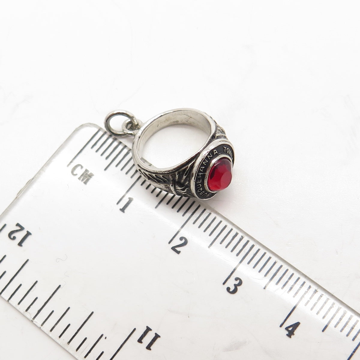 925 Sterling Silver Vintage Red Rhinestone "Susquehanna Township" Ring Pendant