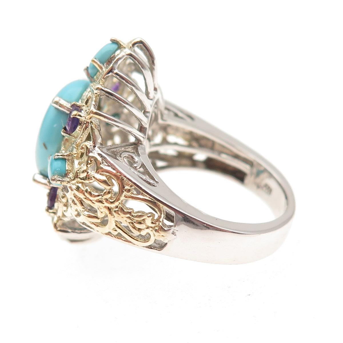 Chuck Clemency 925 Sterling Silver 2-Tone Real Turquoise Amethyst Ring Size 8.25