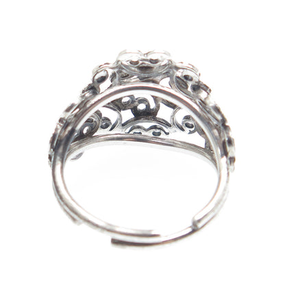 BEAU 925 Sterling Silver Vintage Filigree Flower Adjustable Ring Size 6.75