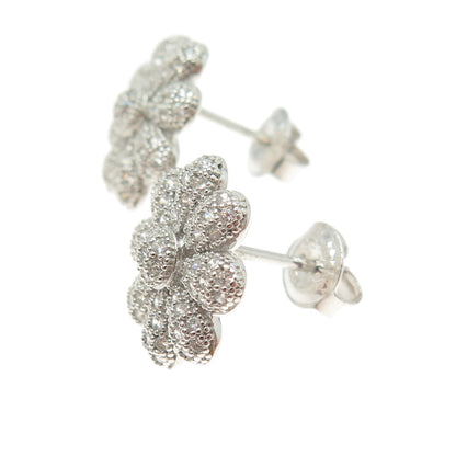 925 Sterling Silver Round-Cut C Z Flower Earrings