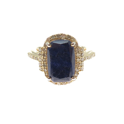 DSMK 925 Sterling Silver Gold Plated Real Diamond & Sapphire Ring Size 7.75