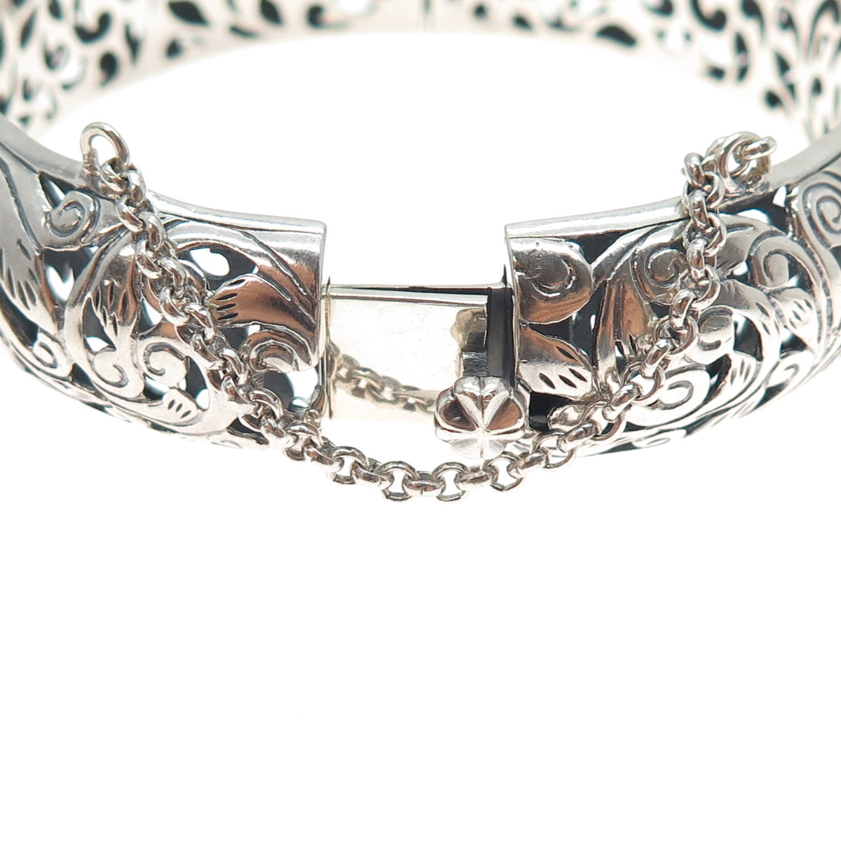 925 Sterling Silver Vintage Floral Ornate Oxidized Bangle Bracelet 7.75"