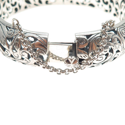 925 Sterling Silver Vintage Floral Ornate Oxidized Bangle Bracelet 7.75"