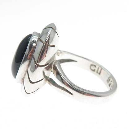 925 Sterling Silver Vintage CII Mexico Real Black Onyx Modernist Ring Size 6.25