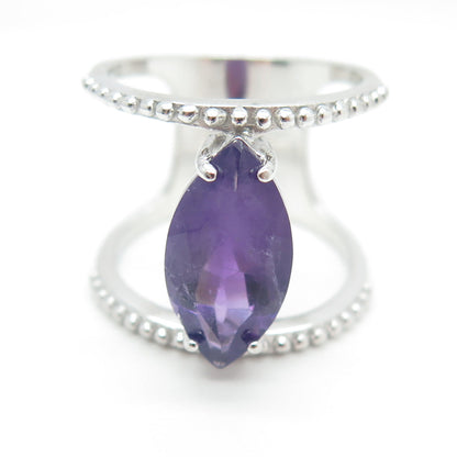 925 Sterling Silver Real Marquise-Cut Amethyst Granulated Ring Size 8.25