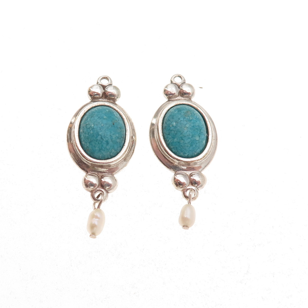 Coleman Co. Sterling Silver Vintage Real Turquoise Inlay & Pearl Jacket Earrings