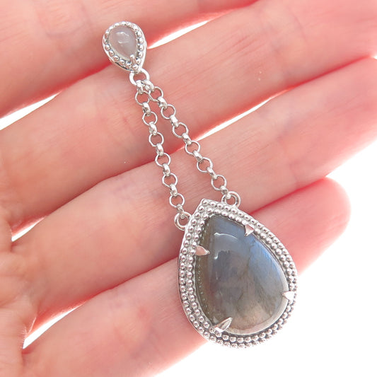 925 Sterling Silver Real Labradorite & Moonstone Teardrop Dangle Pendant