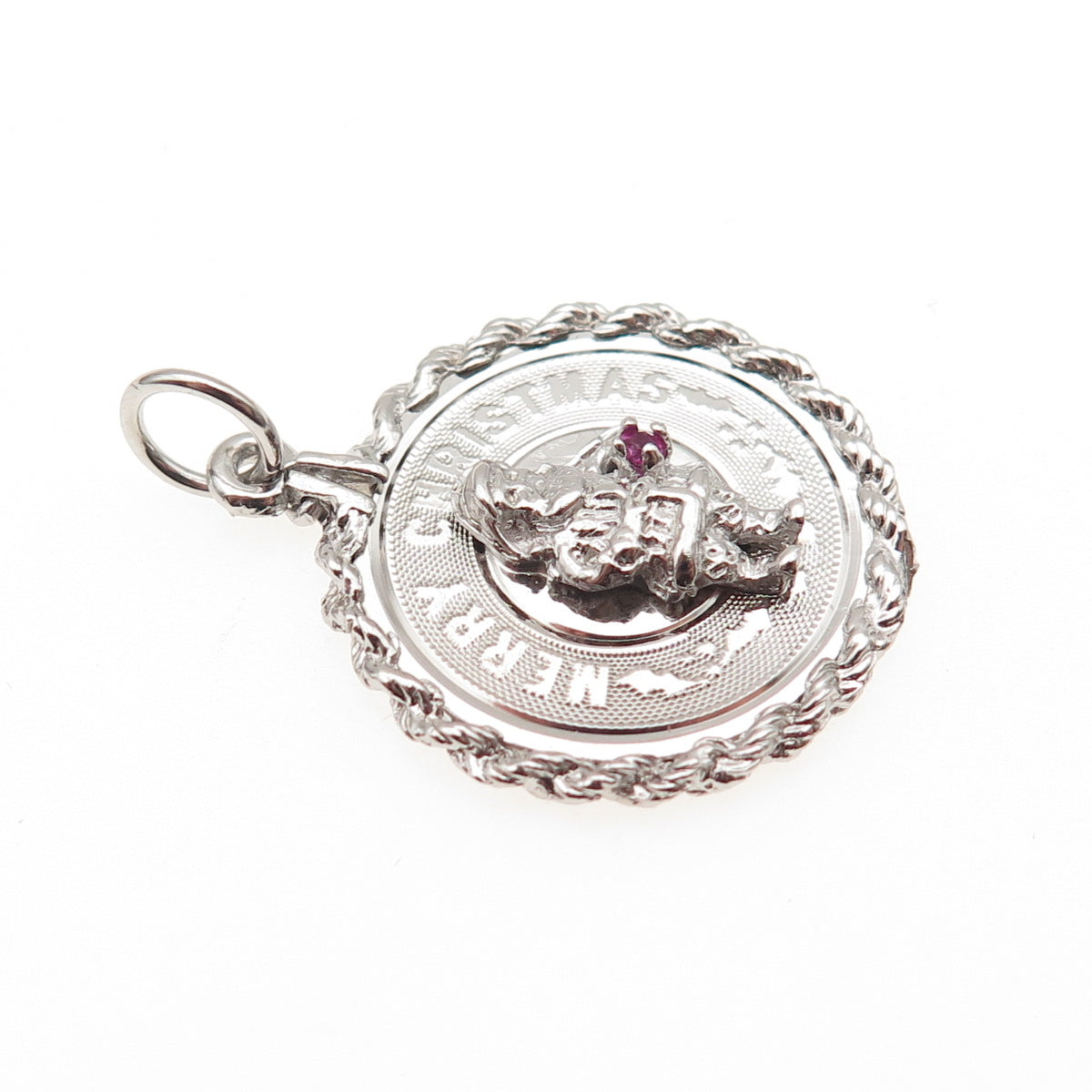 925 Sterling Silver Vintage Rhinestone Santa Merry Christmas Charm Pendant