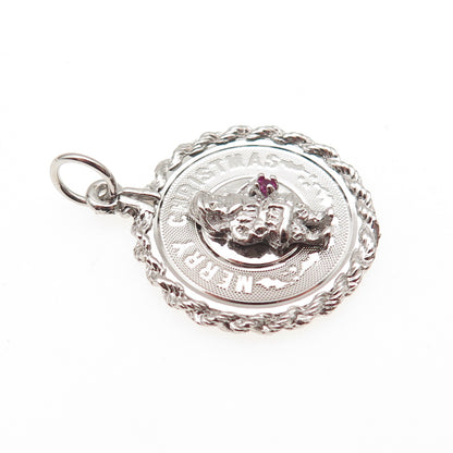 925 Sterling Silver Vintage Rhinestone Santa Merry Christmas Charm Pendant