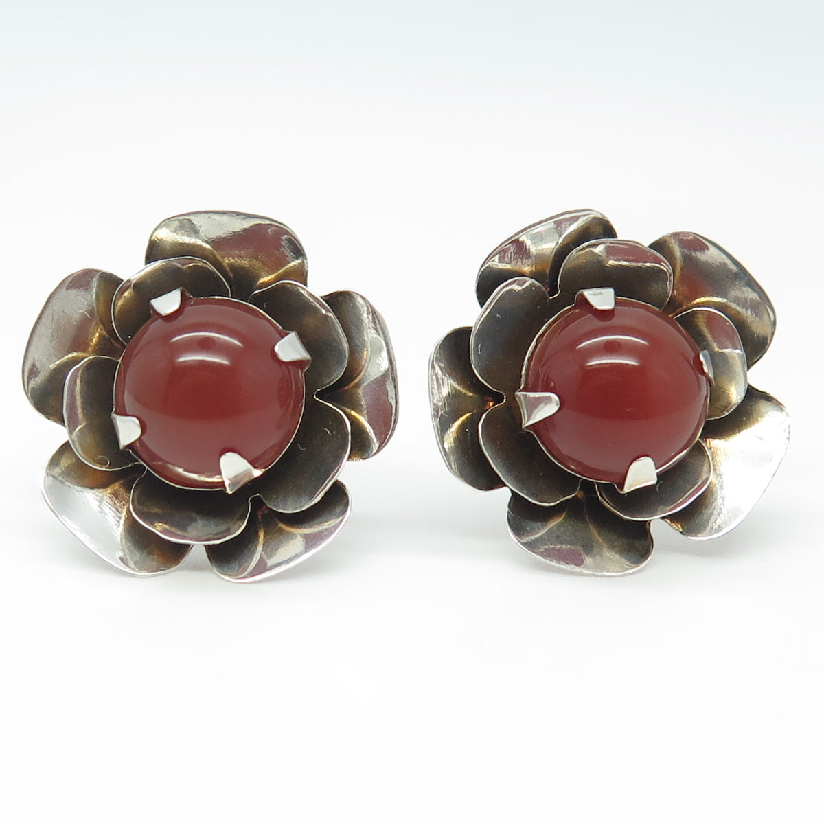 925 Sterling Silver Antique Art Deco Real Carnelian Gemstone Floral Earrings