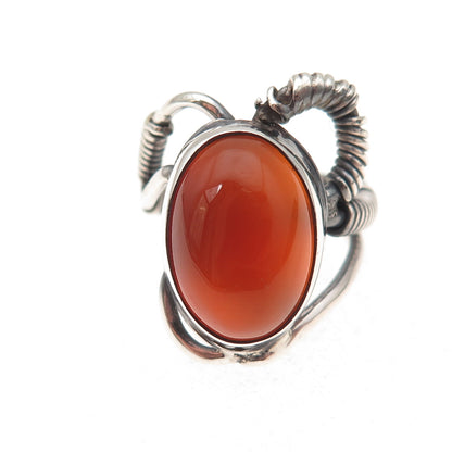 925 Sterling Silver Vintage Real Carnelian Modernist Oxidized Ring Size 4.5