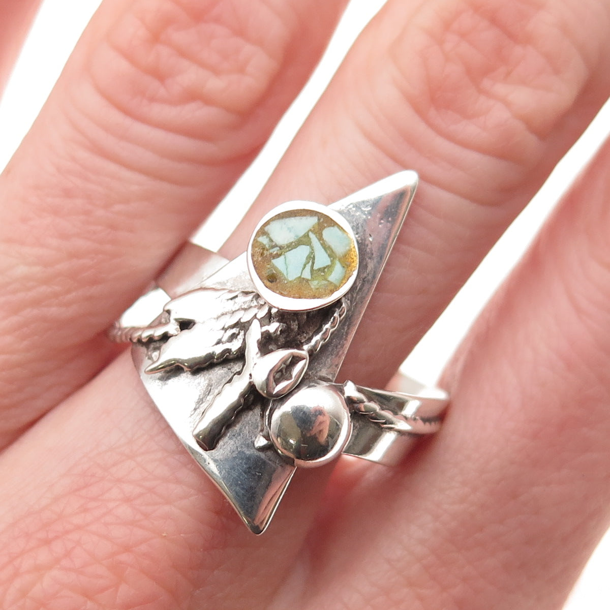 Old Pawn 925 Sterling Silver Vintage Southwestern Turquoise Inlay Ring Size 8.5
