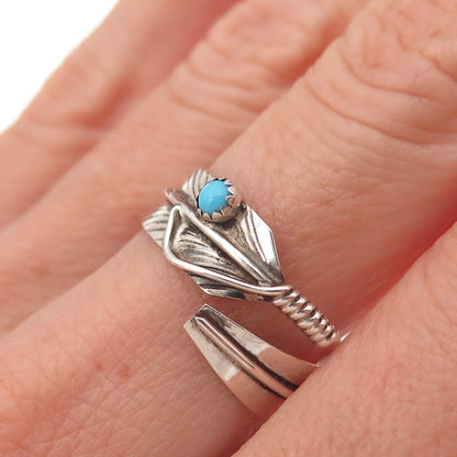Old Pawn 925 Sterling Silver Vintage Turquoise Feather Adjustable Ring Size 9.25