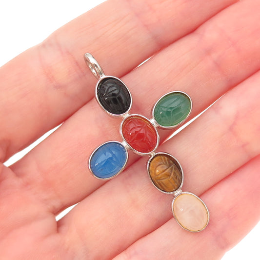 Han 925 Sterling Silver Vintage Real Multi-Color Gem Scarab Cross Charm Pendant