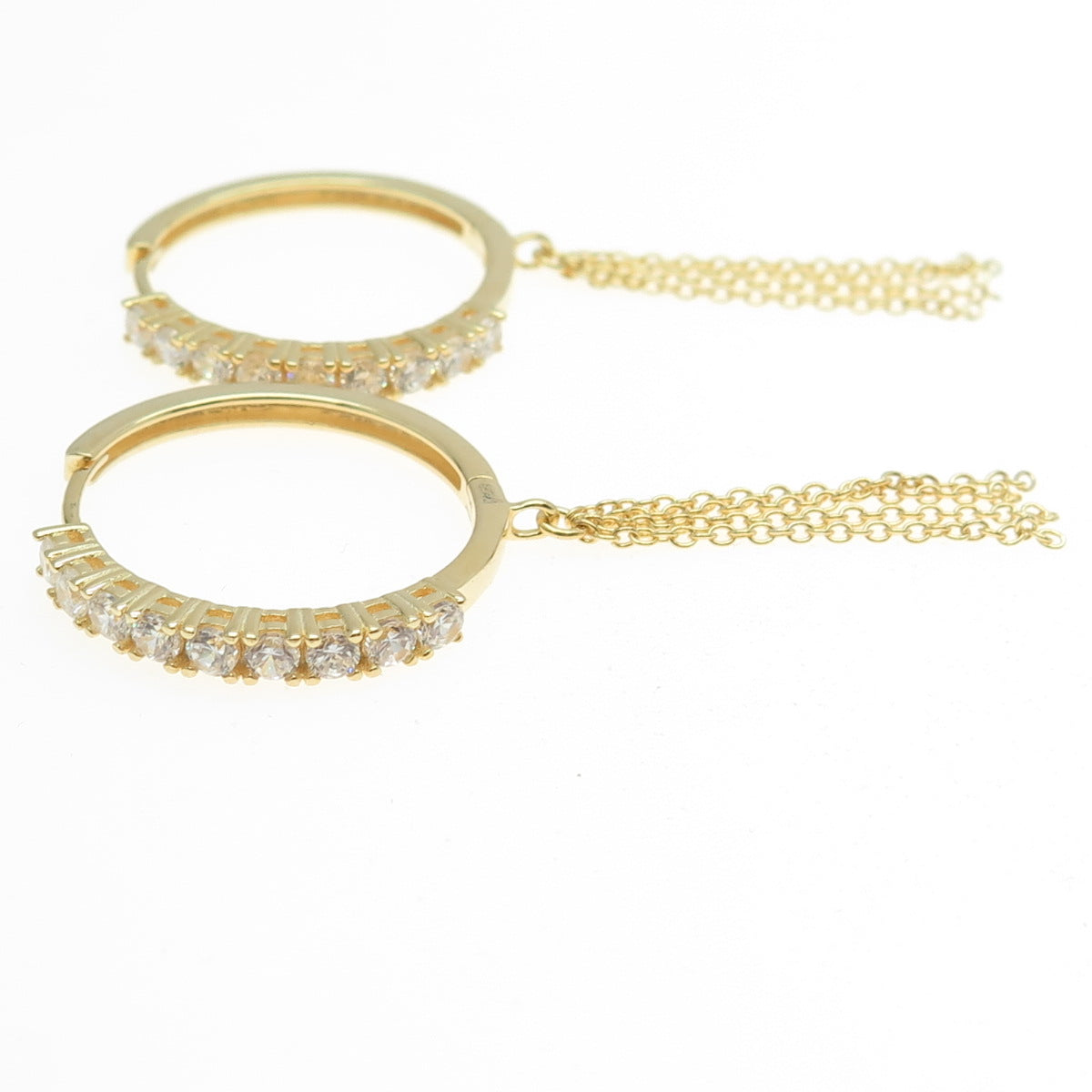 925 Sterling Silver Gold Plated Round-Cut C Z Tassel Hoop Earrings