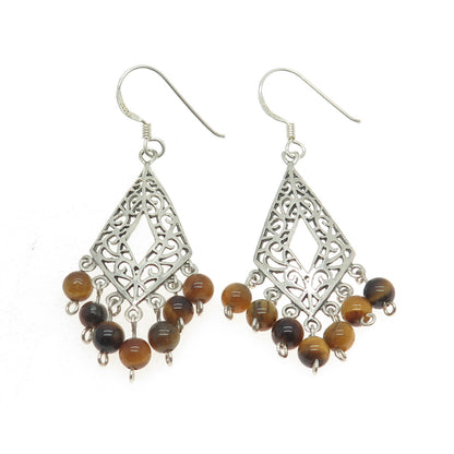 925 Sterling Silver Vintage Real Tiger Eye Gemstone Ornate Chandelier Earrings