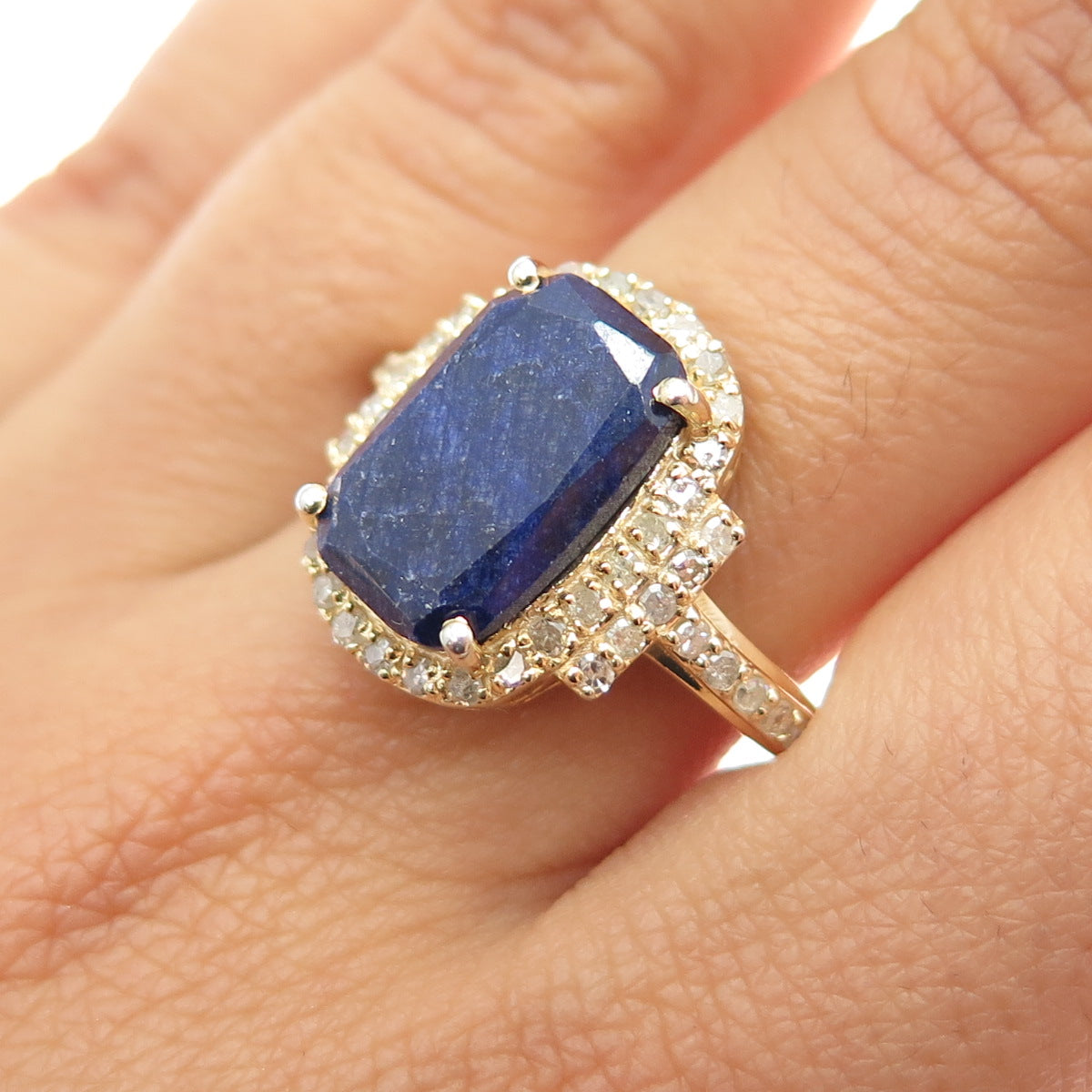 DSMK 925 Sterling Silver Gold Plated Real Diamond & Sapphire Ring Size 7.75