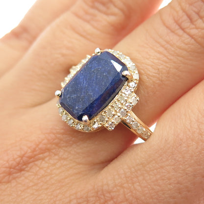 DSMK 925 Sterling Silver Gold Plated Real Diamond & Sapphire Ring Size 7.75