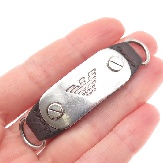 EMPORIO ARMANI 925 Sterling Silver & Leather Vintage Bracelet Centerpiece Buckle