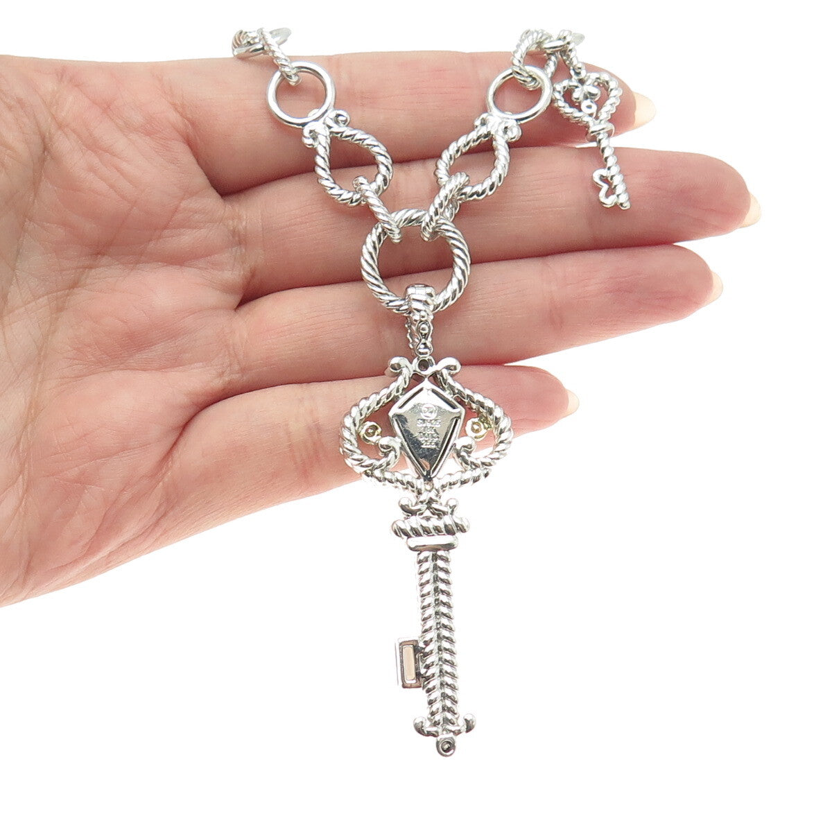 DANWAK 18K Gold Sterling 5-Diamond 0.13ct & 2-Quartz 2.38ct Key Necklace 18"