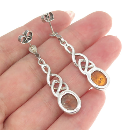 925 Sterling Silver Vintage Real Amber Celtic Trinity & Infinity Knot Earrings