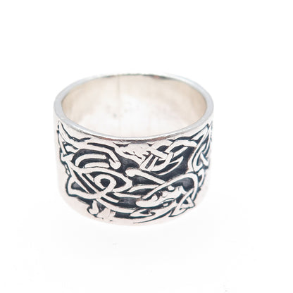925 Sterling Silver Vintage Celtic Dragon Knot Oxidized Wide Band Ring Size 11