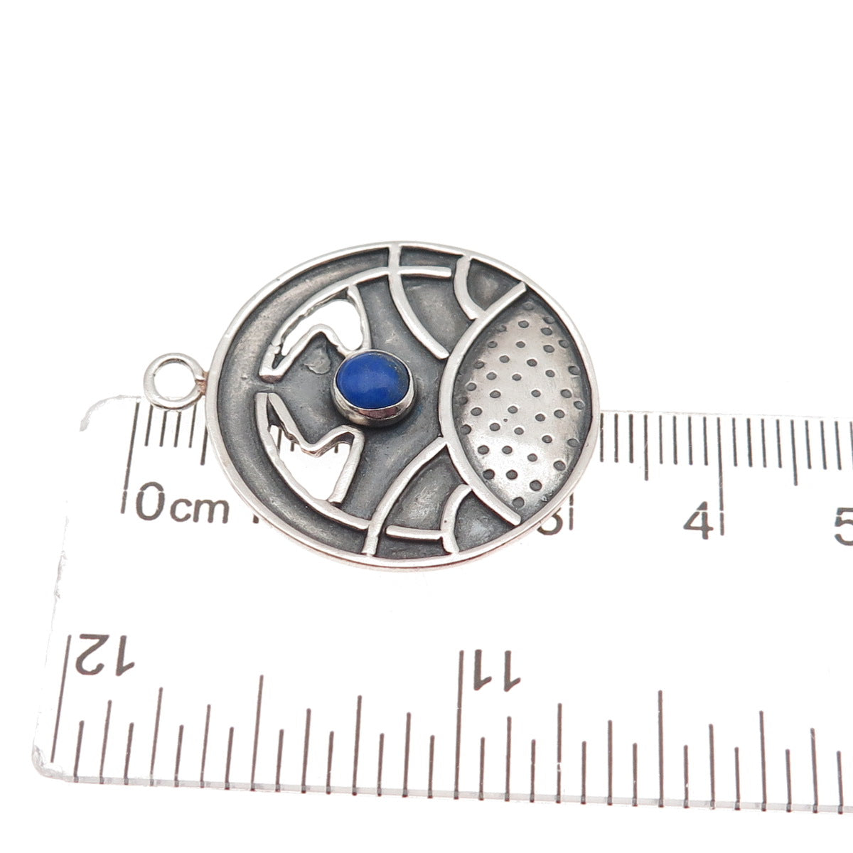 925 Sterling Silver Vintage Real Lapis Lazuli Modernist Oxidized Charm Pendant