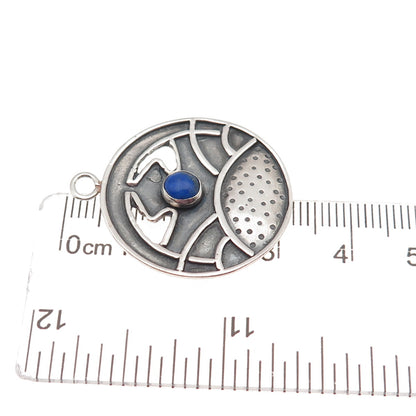 925 Sterling Silver Vintage Real Lapis Lazuli Modernist Oxidized Charm Pendant