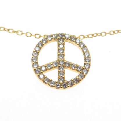 925 Sterling Silver Gold Plated Pave C Z Symbol of Peace Rolo Chain Necklace 18"