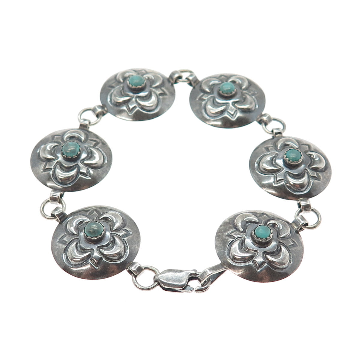 SHAWN NELSON NAVAJO Old Pawn 925 Sterling Vintage Turquoise Flower Bracelet 7"