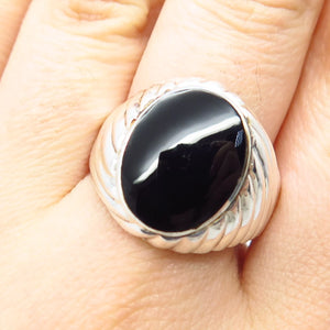 925 Sterling Silver Vintage Real Black Onyx Gemstone Ribbed Ring Size 10.25