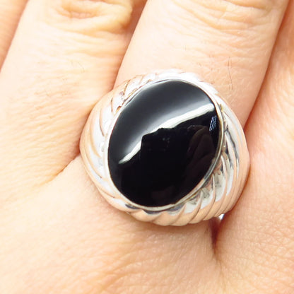 925 Sterling Silver Vintage Real Black Onyx Gemstone Ribbed Ring Size 10.25