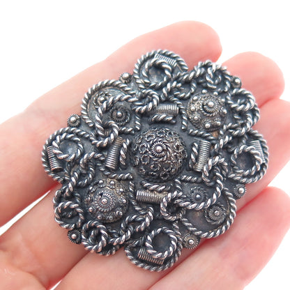 925 Sterling Silver Vintage Israel Cannetille Flower Oxidized Brooch / Pendant