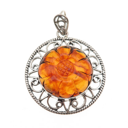 DP Doug Paulus 925 Sterling Silver Vintage Real Amber Floral Charm Pendant