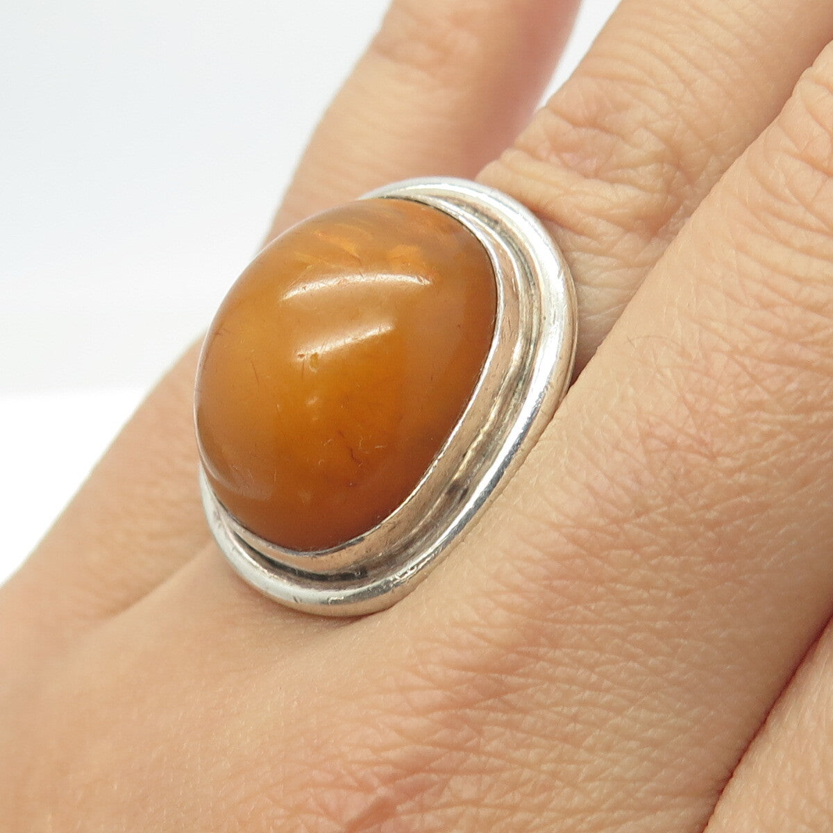 TSJC Tom Jenny Schlecht Sterling Silver Vintage Real Egg Yolk Amber Ring Size 6