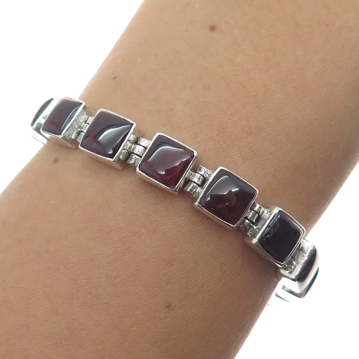 925 Sterling Silver Vintage Real Tourmaline Square Link Bracelet 7.5"