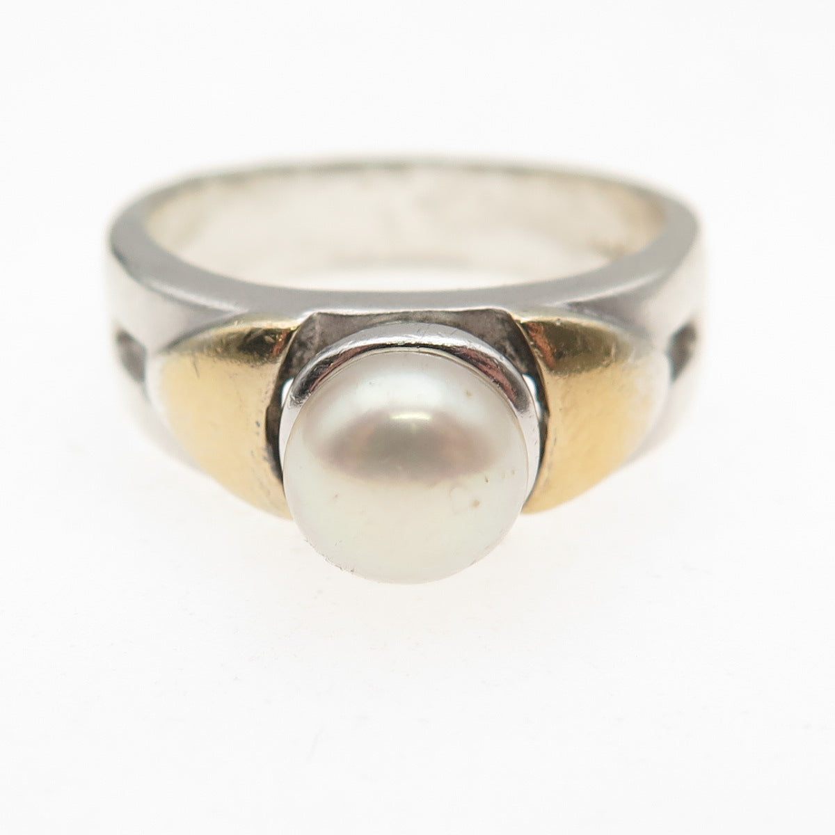 925 Sterling Silver 2-Tone Vintage Real Pearl Modernist Oxidized Ring Size 7.75