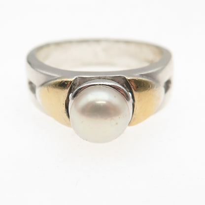 925 Sterling Silver 2-Tone Vintage Real Pearl Modernist Oxidized Ring Size 7.75