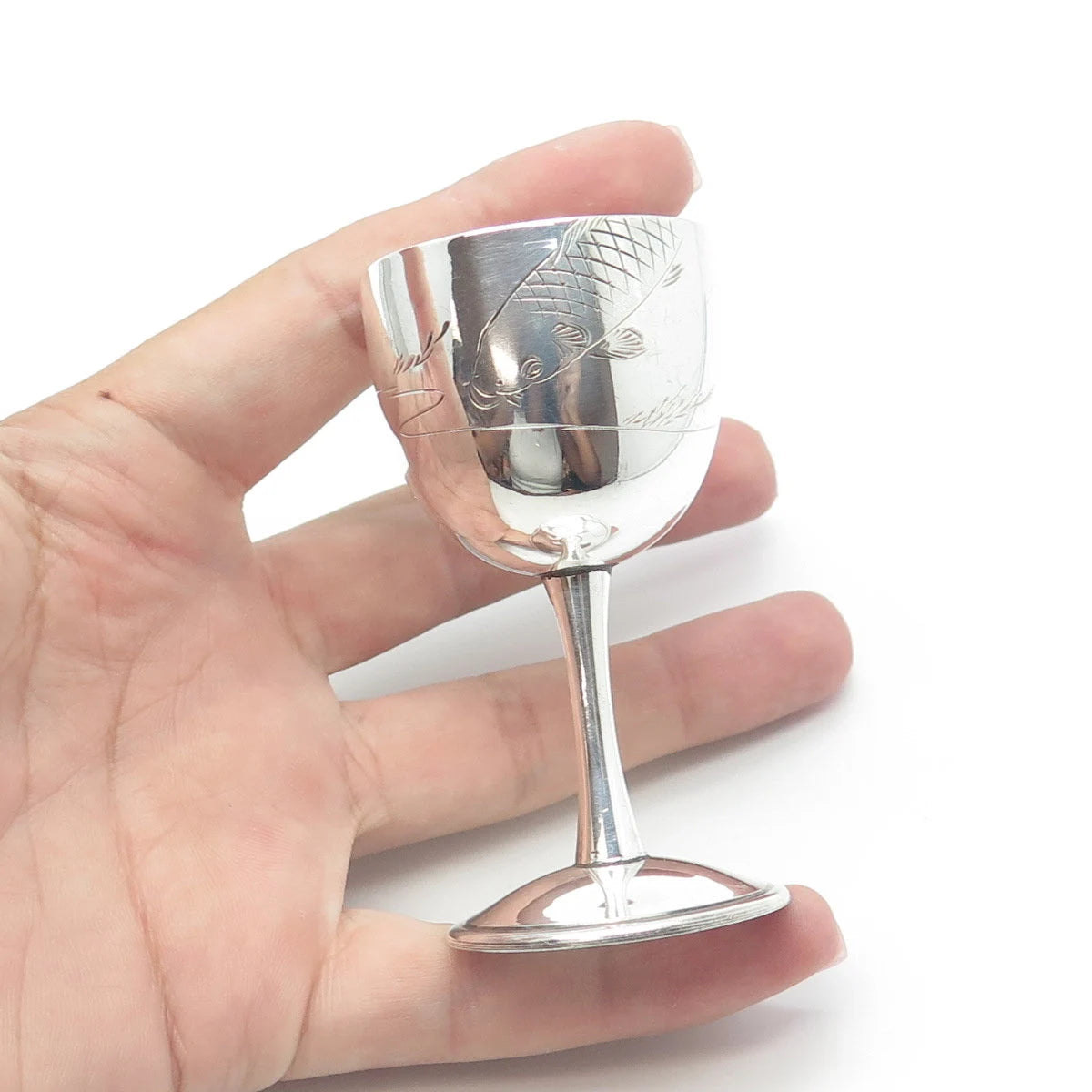 925 Sterling Silver Antique China Export Engraved Koi Fish Handmade Liquor Cup