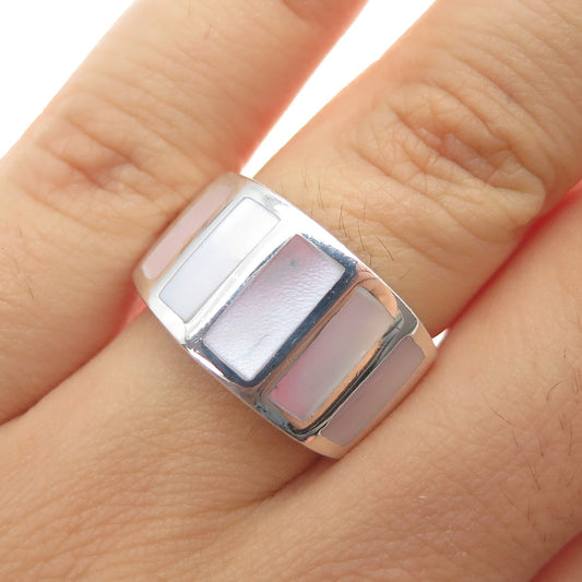 925 Sterling Silver Vintage Real Multi-Color MOP Modernist Ring Size 7