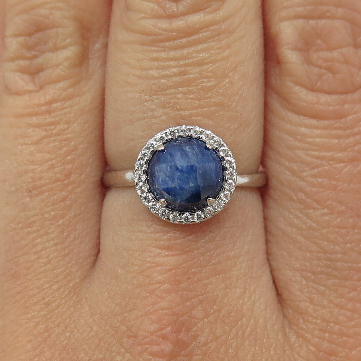 FELIX2 925 Sterling Silver Real Round-Cut Sapphire & C Z Ring Size 8
