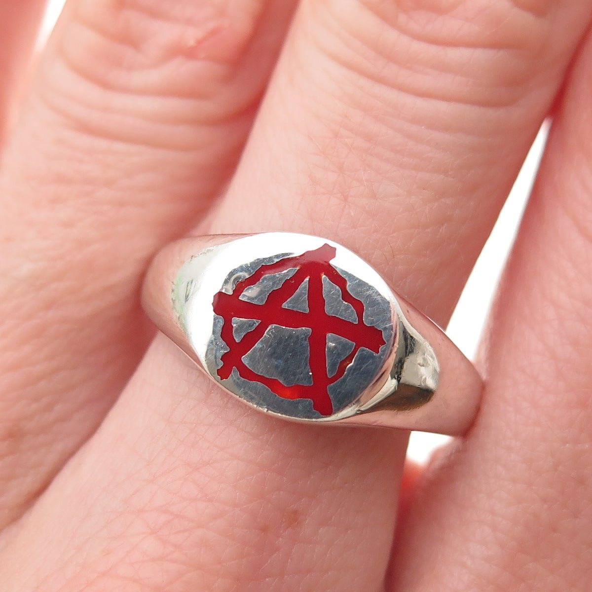 925 Sterling Silver Vintage Enamel Anarchy Symbol Signet Ring Size 10.75