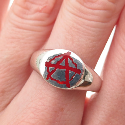 925 Sterling Silver Vintage Enamel Anarchy Symbol Signet Ring Size 10.75