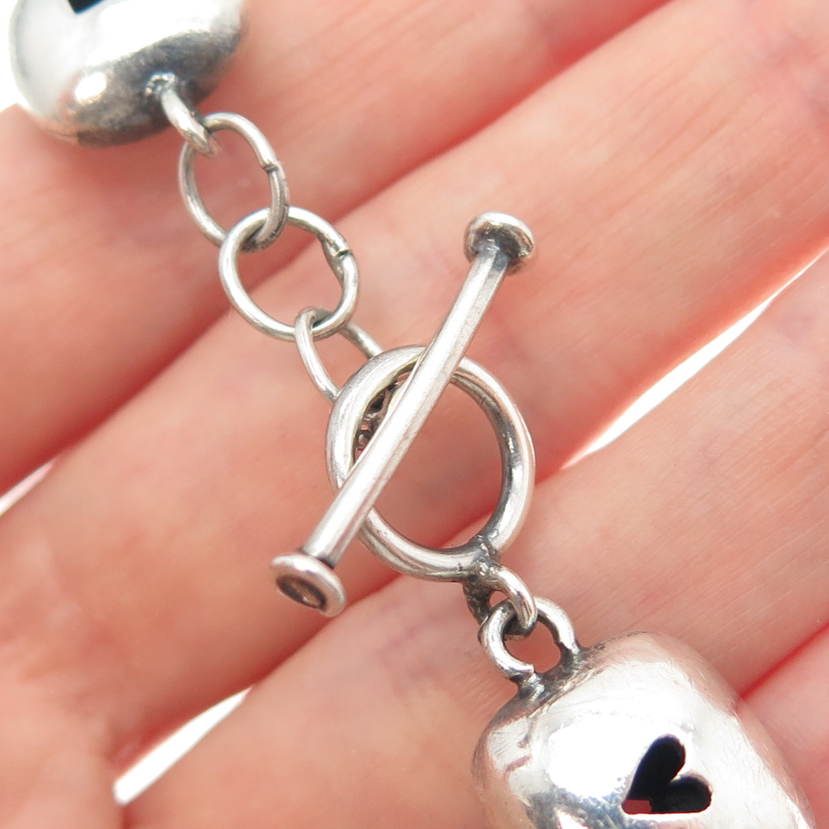 925 Sterling Silver Vintage Heart Star Flower Shadow Box Link Bracelet 7.25"